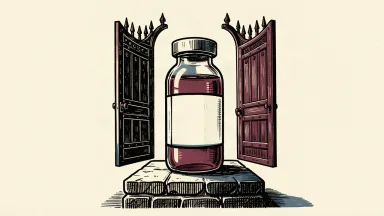 AstraZeneca's drug combination application accepted by the FDA: a large vial on a pedestal in front of a wide-open gate.
