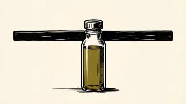 AbbVie fiscal-year guidance trailing consensus: a pharmaceutical vial standing below a solid horizontal benchmark bar.
