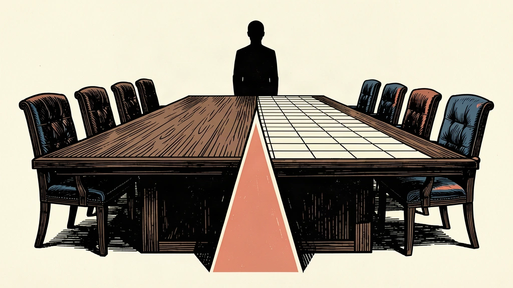 An editorial illustration showing a traditional conference table being split and transformed into a digital grid, representing the restructuring of consulting models due to AI.