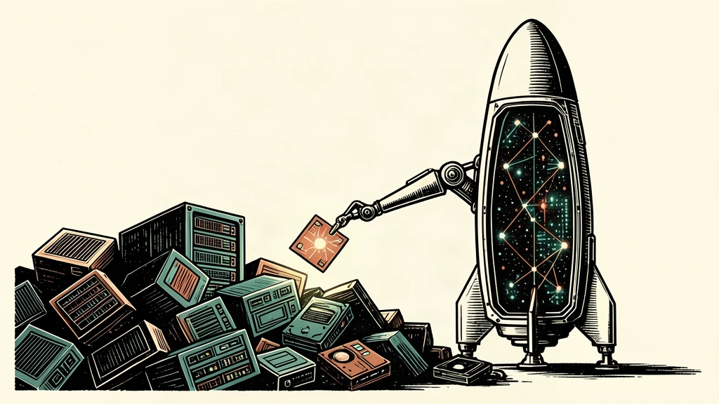 An editorial illustration showing a modern rocket component salvaging data from a pile of discarded computer hardware.
