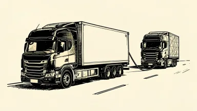 C.H. Robinson acquiring RXO: A large semi-truck cab uses a heavy cable to pull another truck cab along a clean, open road.