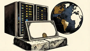 BlackRock's bond outlook: a bond certificate on a stone pedestal near a server rack and a globe, representing income opportunities in AI and emerging markets.