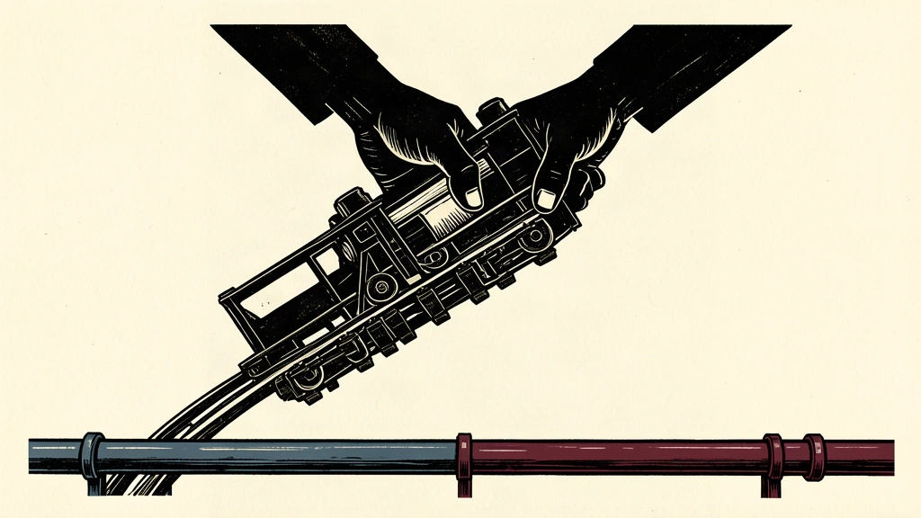 An editorial illustration showing a drone launch platform being seized by large hands, with an oil pipeline in the background.
