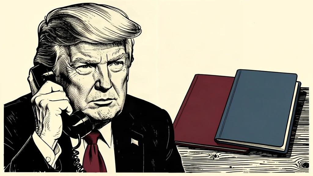 A stylized ink illustration of Donald Trump on a phone call next to two plain diplomatic folders representing the Moscow and Kyiv envoy visits. Identity photo references adapted into illustration: Daniel Torok (Public domain; https://commons.wikimedia.org/wiki/File:Official_Presidential_Portrait_of_President_Donald_J._Trump_(2025).jpg); source https://commons.wikimedia.org/wiki/File:Official_Presidential_Portrait_of_President_Donald_J._Trump_(2025).jpg