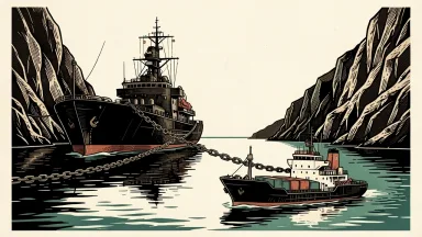 The Strait of Hormuz closed by the Iranian Navy: a large naval vessel and a heavy chain block a narrow waterway as a cargo ship waits.