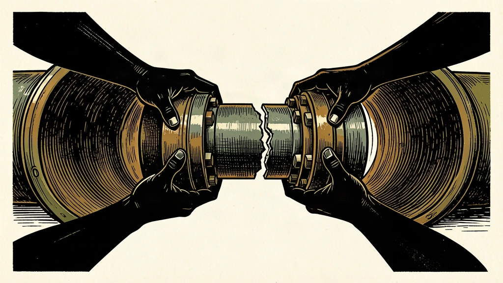 An editorial illustration showing a severed pipeline being reconnected by two pairs of hands holding a metal sleeve.