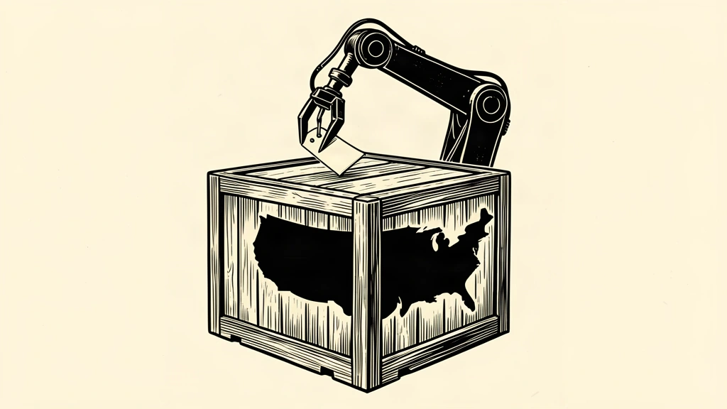 An editorial illustration showing a robotic arm peeling a domestic manufacturing label off a shipping crate.