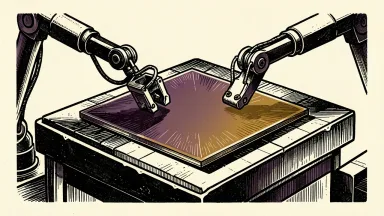 Intel shares under pressure as TSMC explores a role in Elon Musk's Terafab venture: one robotic arm retracts as another descends to grip a silicon wafer.