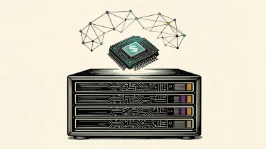 HPE launches servers with AMD CPUs for AI: a stylized server rack with a glowing CPU chip rising from it, surrounded by geometric data nodes.