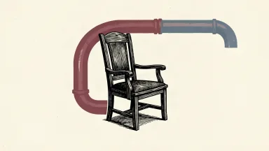 Sasol director resignation: an empty boardroom chair stands alone beside a large industrial chemical pipe.