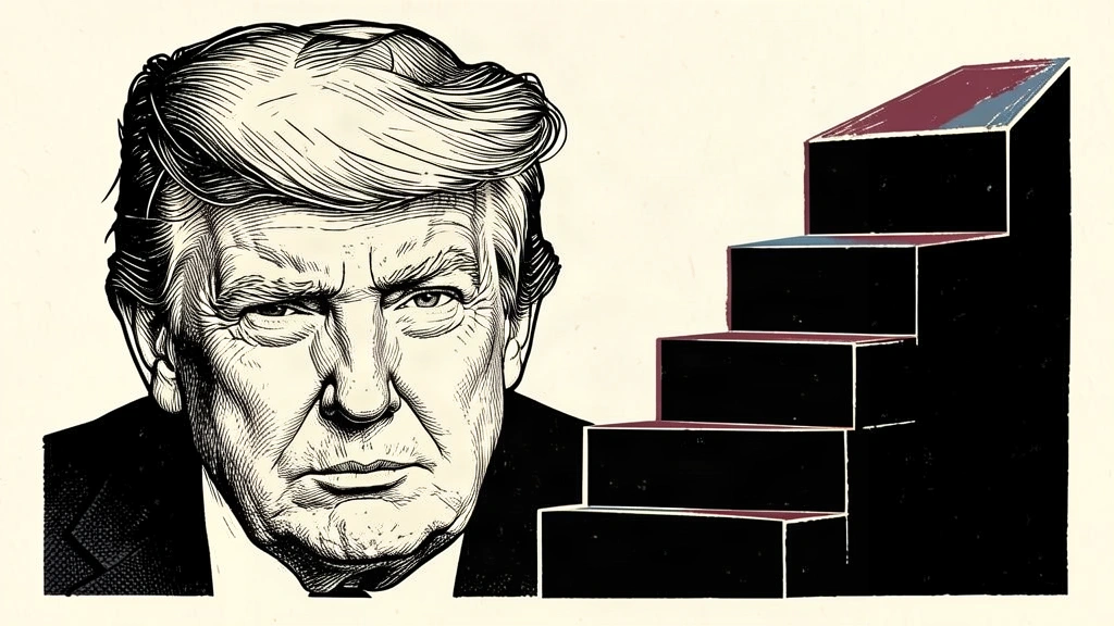 A portrait of Donald Trump next to a rising stack of solid blocks representing market highs. Identity photo references adapted into illustration: Daniel Torok (Public domain; https://commons.wikimedia.org/wiki/File:Official_Presidential_Portrait_of_President_Donald_J._Trump_(2025).jpg); source https://commons.wikimedia.org/wiki/File:Official_Presidential_Portrait_of_President_Donald_J._Trump_(2025).jpg