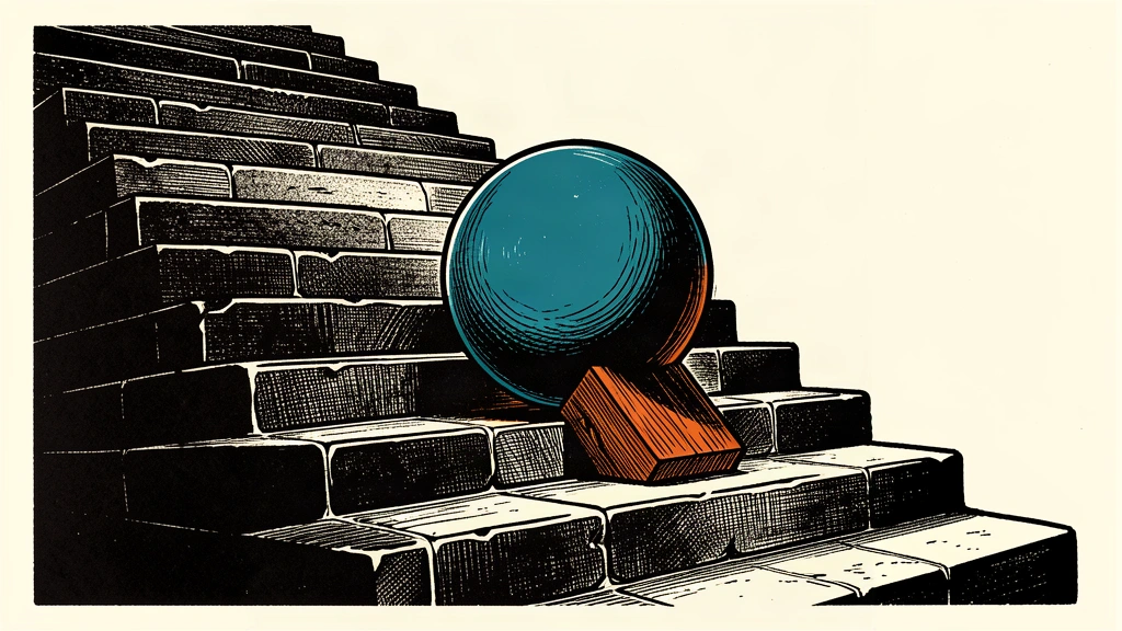 A stone staircase with a sphere secured by a wedge on a landing, representing a pause in a steady ascent.