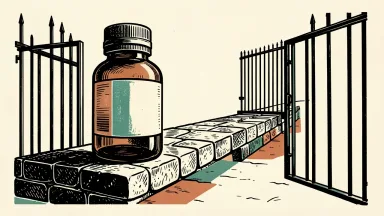 Acadia Pharmaceuticals extends patent protection for trofinetide: a medicine bottle on a long stone path with a new, distant gate being established to mark a later expiration date.