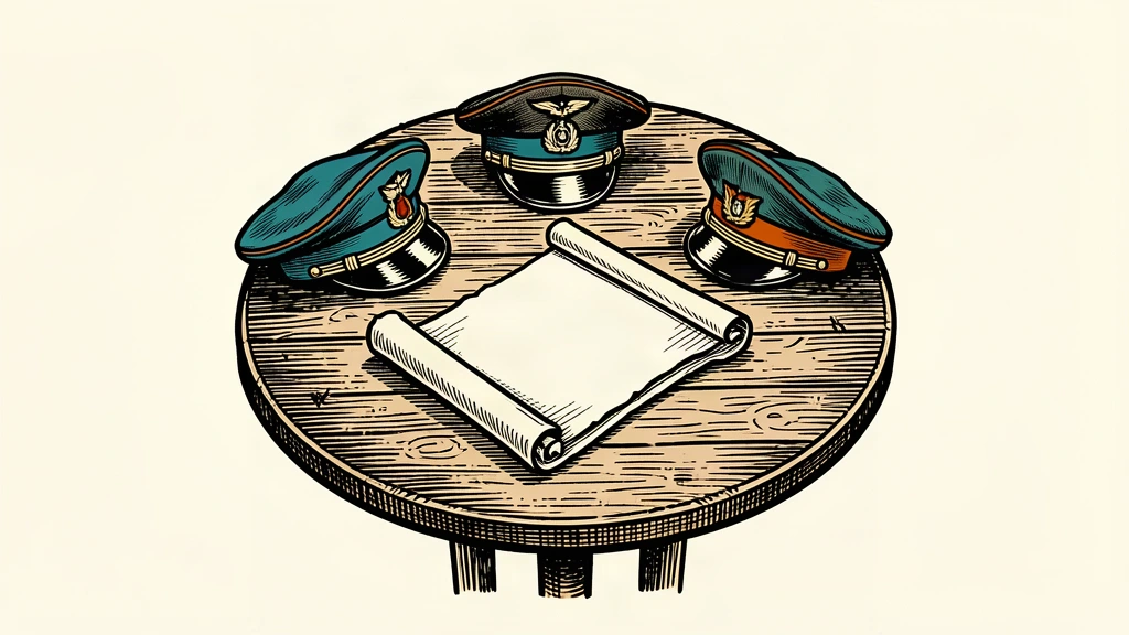 Three different military caps are gathered closely around a blank document on a round table.