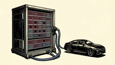 Trio-Tech International secures a $4.45 million contract: an industrial semiconductor testing rack connected to a stylized car silhouette by a thick cable.