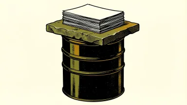 H.B. Fuller new notes assigned a Ba3 rating: a stack of paper documents balanced precariously on a stone slab atop a large industrial adhesive drum.