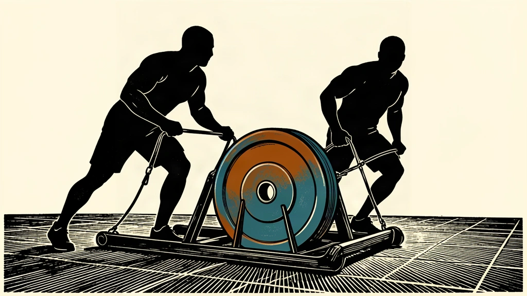 A black ink illustration of two silhouetted figures pushing a heavy weighted sled across a floor, symbolizing the fitness racing company HYROX and its co-founders regaining control.