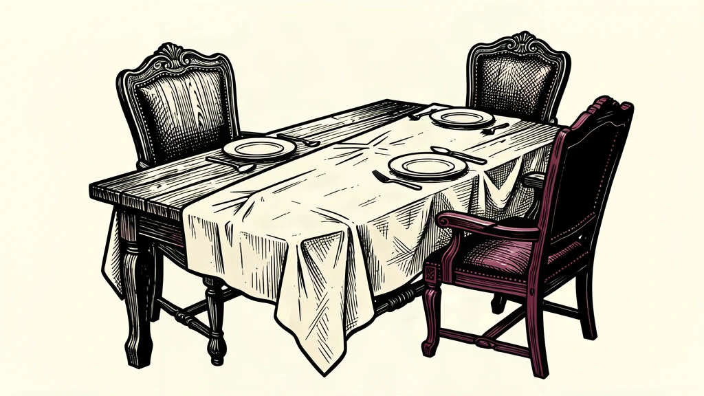 An editorial illustration of a large wooden table with two chairs and a single, creased tablecloth, representing a family-like bond despite tension.