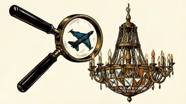 A magnifying glass inspecting a golden ballroom chandelier to reveal a fighter jet silhouette inside, representing a probe into defense industry dealings.