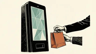 An editorial illustration showing a human hand reaching around a tall, blank digital ordering kiosk to deliver a paper bag, representing the shift back to personal service in fast food.