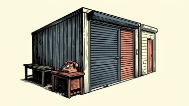 SmartStop Self Storage REIT earnings announcement: a stylized storage unit with a rolling door stands behind a conference call telephone.