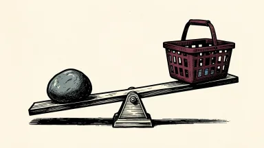 Inflation expectations divergence: a heavy stone weight on a balance scale pulls down one side while a consumer grocery basket remains elevated on the other.