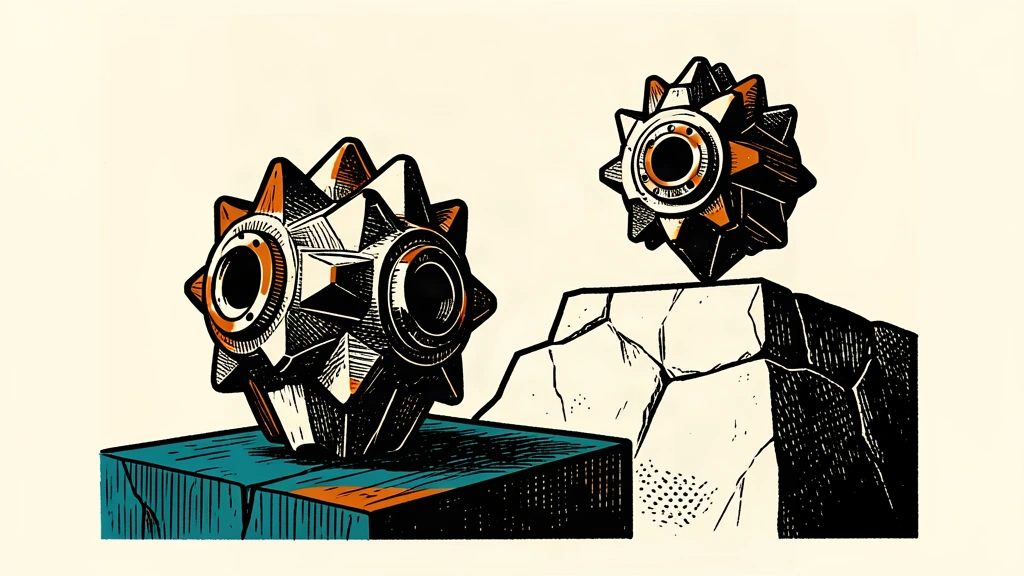 Two heavy industrial drill bits are shown at different heights on a stepped stone surface, representing a raised target.