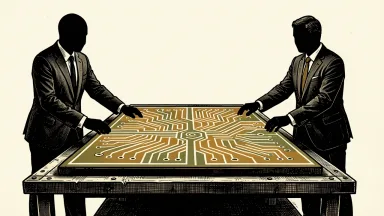 European industry executives diverging on AI strategy: two silhouettes pull at different parts of a large glowing circuit board on a table.