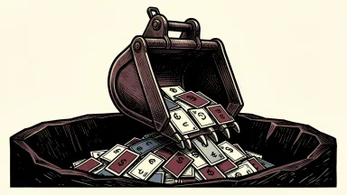 Greenland Mines share repurchase: a heavy mining bucket lifts a stack of stock certificates from a dark opening.