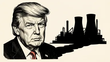 Donald Trump warns Iran of a completed mission: a portrait of Trump beside the dark, intact silhouette of an industrial oil refinery. Identity photo references adapted into illustration: Daniel Torok (Public domain; https://commons.wikimedia.org/wiki/File:Official_Presidential_Portrait_of_President_Donald_J._Trump_(2025).jpg); source https://commons.wikimedia.org/wiki/File:Official_Presidential_Portrait_of_President_Donald_J._Trump_(2025).jpg
