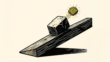 Japanese stocks under pressure from AI profit concerns: a heavy stone block slides down a sloping beam, pulling a glowing chip icon with it.