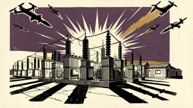 Ukraine energy infrastructure under attack: drones and missiles descend toward an electrical substation as a bright burst of light erupts from a transformer.
