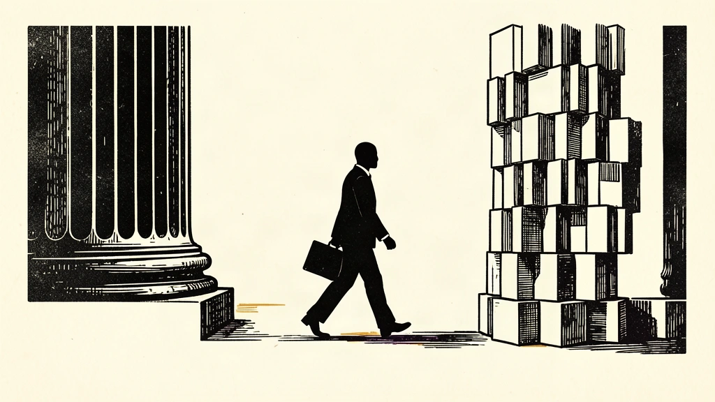 An editorial illustration showing a lone silhouette walking between two different styles of large pillars, representing a partner move between law firms with different structures.
