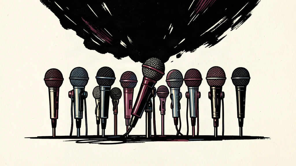 An editorial illustration showing a heavy dark block pressing down on a row of microphones, symbolizing suppression of speech.
