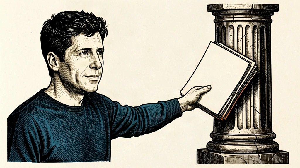 An illustration of Sam Altman gesturing to block a stack of shares being offered by a stone column. Identity photo references adapted into illustration: Steve Jurvetson (CC BY 2.0; https://creativecommons.org/licenses/by/2.0); source https://commons.wikimedia.org/wiki/File:Sam_Altman_speaking_at_TED_(cropped).jpg