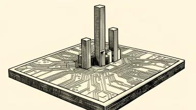 Synopsys long-term growth targets: vertical pillars of varying heights rise from a large, detailed silicon wafer.
