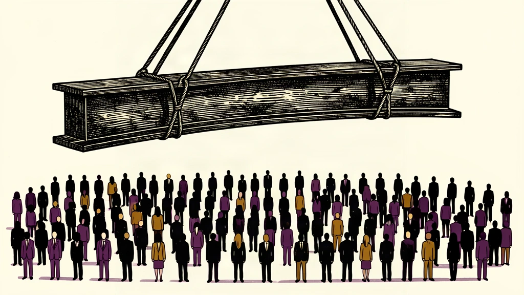 An editorial illustration showing a massive steel beam suspended over a large crowd of tiny workers, representing a major industrial investment and job creation.