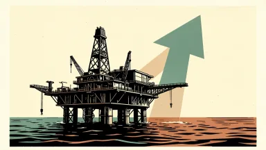 Woodside Energy price target raised: an offshore oil platform stands in the sea next to a large upward-pointing arrow.