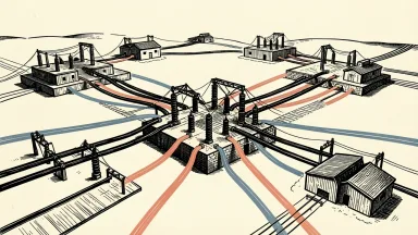 Black Hills Corp managing energy resources: a central power substation distributing electricity through a network of lines to multiple industrial sites.