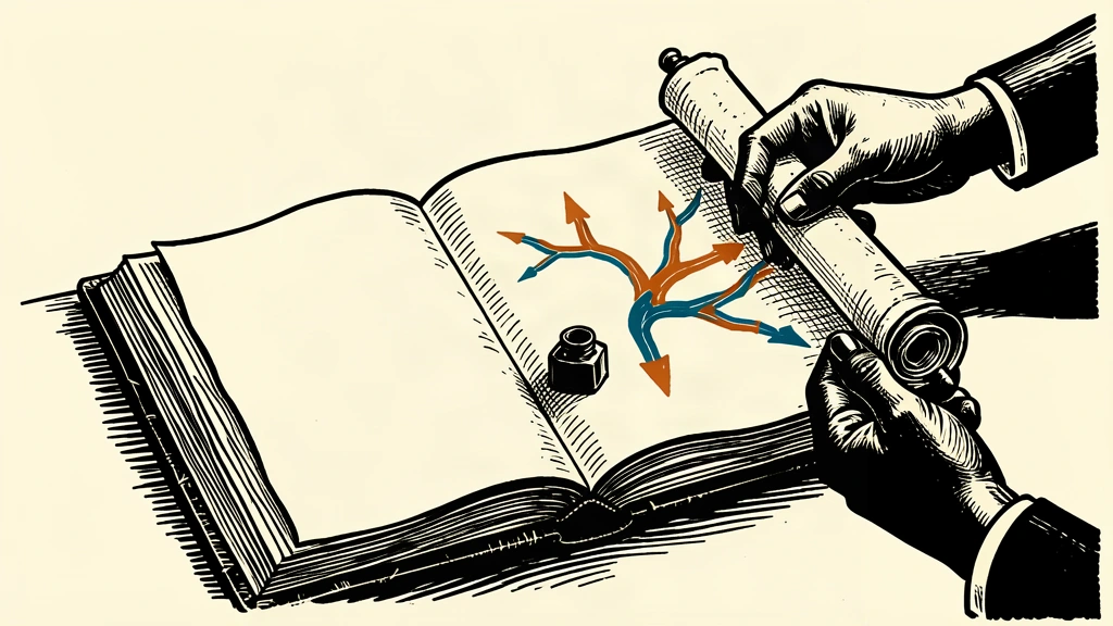 An editorial illustration showing a roadmap scroll being laid over a large central ledger, symbolizing a plan for fiscal devolution.