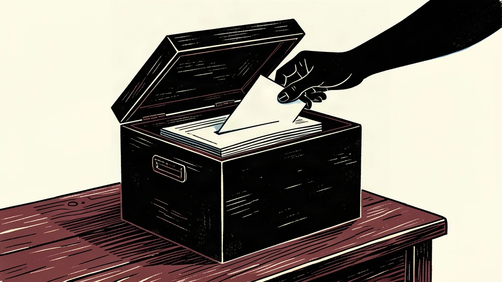 A silhouetted hand places a ballot into a large, heavy ballot box against a minimalist ivory background.