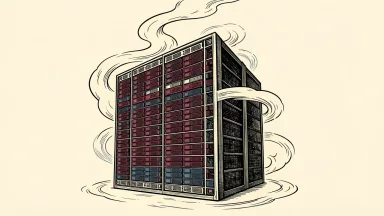 Mistral trains an AI model on Nvidia Grace Blackwell GPUs: a towering server rack with a dense grid of GPU modules and a stylized mist spiraling around it.