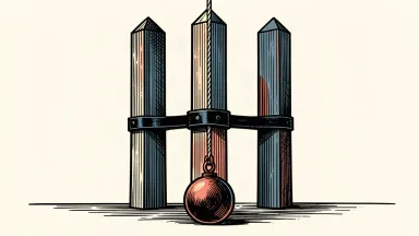 An editorial illustration featuring three tall, intact modern pillars bound together by a dark iron clamp, with a heavy cable pulling downward toward a massive anchor on the ground, symbolizing a substantial short position against three companies.