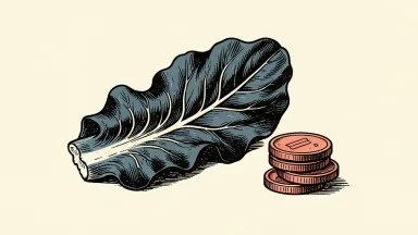 New York restaurant count falls sharply; a wilted lettuce leaf beside a tilting coin stack suggests decline and rising costs.
