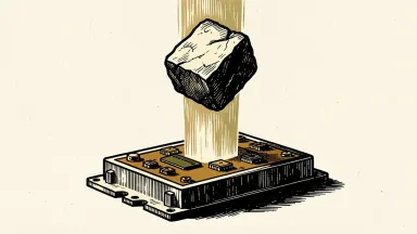Vicor lifts revenue outlook: a power module emits a vertical beam of energy that pushes a heavy stone block upward.