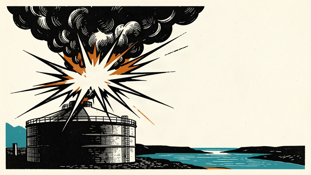 An editorial illustration showing an oil tank under strike with smoke rising, set against a distant, stalled passage between two landmasses.