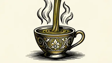A large coffee cup being filled by a thick stream of liquid gold from above.