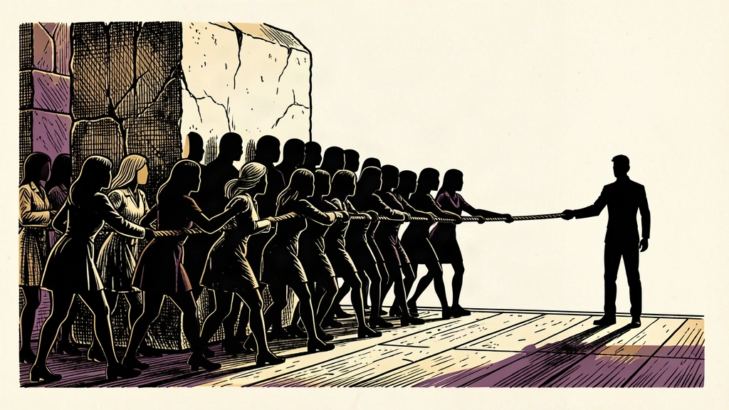 An editorial illustration showing a large, dense group of women pulling a heavy load together while a single man stands at the end of the rope, representing the vast majority of job growth.
