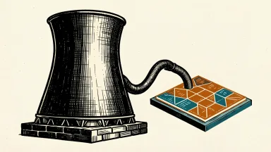 Constellation Energy and power stocks surge on a nuclear deal with Google: a nuclear cooling tower connected by a heavy power cable to a glowing data center tile.