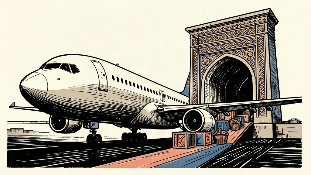An editorial illustration showing a commercial jet parked near a traditional ornate archway, with cargo being exchanged to represent trade and tourism.